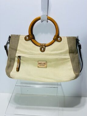 Y2K Relic Canvas Wooden Handle Tote w/ Crossbody Strap Tan & Cream 4x15x13